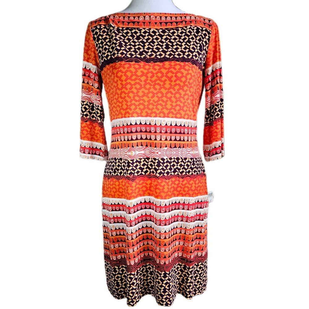 Donna Morgan Print Jersey Shift Dress Women's 4 Hot Pepper Orange Geometric Boho